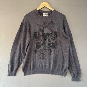 Route 66 Men’s Grey Goth Emo Style Knit Sweater Skull Graphic Cotton Blend SZ L